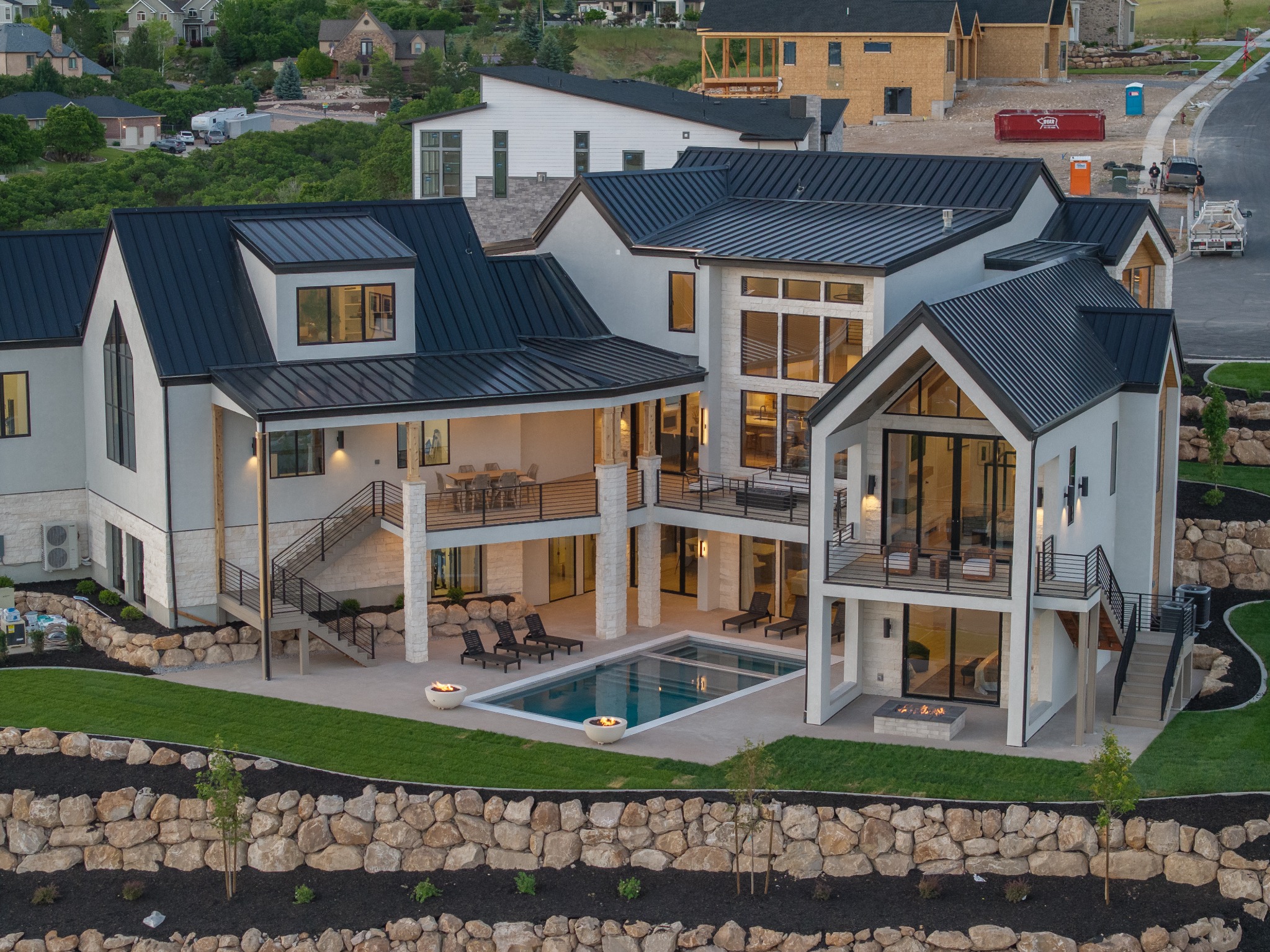 Aerial view of a DZYN residence with pool